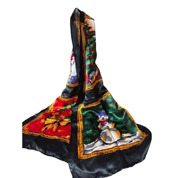 Talbot's Silk Christmas Fashion Scarf 51x10" Snowman Tree Penguin Wreath EUC - Picture 1 of 5